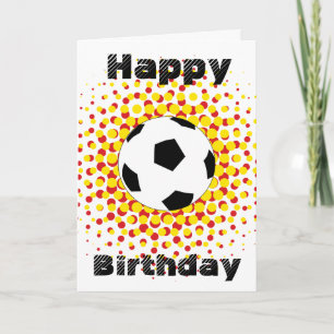 Tarjeta Balón de fútbol con rojo y amarillo, feliz cumplea