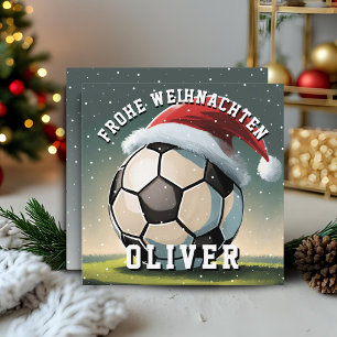 Tarjeta Balón de fútbol sombrero de Santa Feliz Navidad 