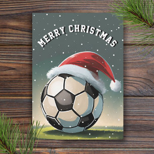 Tarjeta Balón de Fútbol Sombrero de Santa Feliz Navidad 