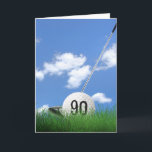 Tarjeta Balón de golf de 90 años en césped<br><div class="desc">Balón de golf blanco en verde césped con club de golf y telón de fondo del cielo para los 90 años.
El número de edad en el balón de golf puede ser editado.</div>