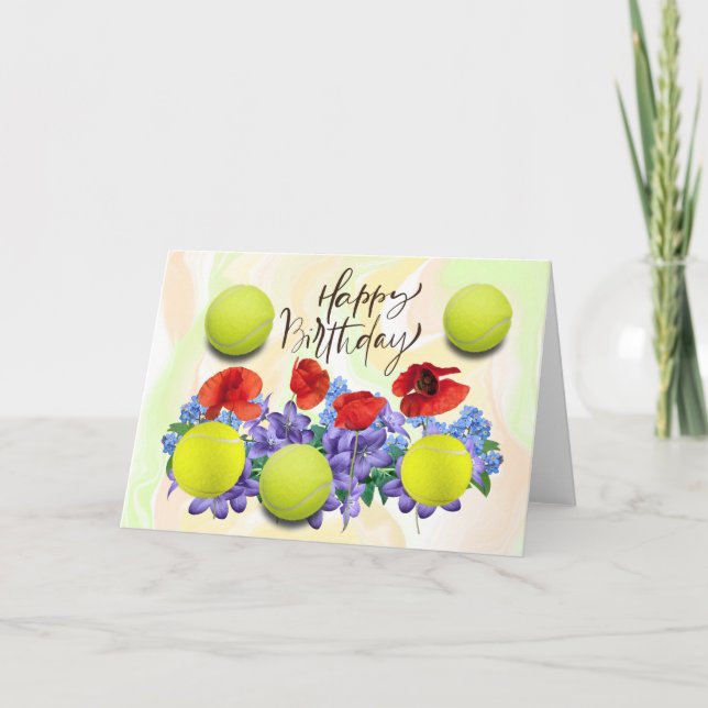 Tarjeta Balón de tenis con mucha flor por cumpleaños (Anverso)