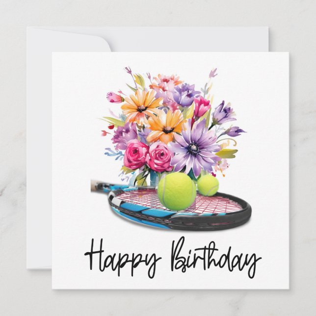 Tarjeta Balón de tenis y raqueta con flores para cumpleaño (Anverso)