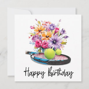 Tarjeta Balón de tenis y raqueta con flores para cumpleaño