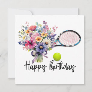 Tarjeta Balón de tenis y raqueta con flores para cumpleaño
