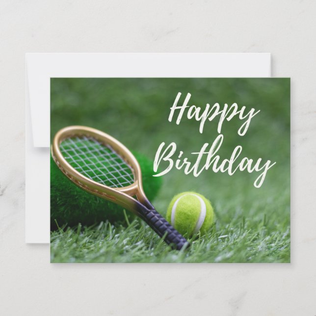 Tarjeta Balón de tenis y raqueta en verde Feliz cumpleaños (Anverso)