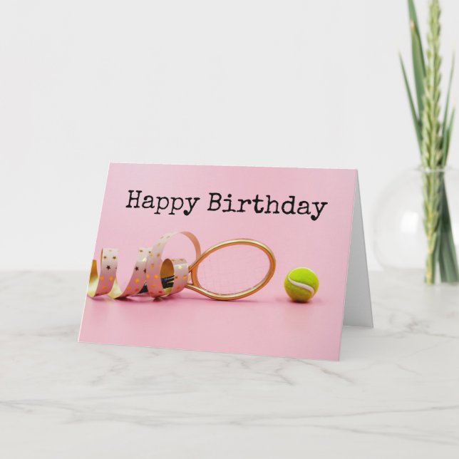 Tarjeta Balón de tenis y raqueta feliz cumpleaños con tarj (Anverso)