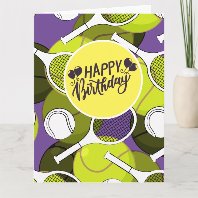Tarjeta Balón de tenis y raqueta negro y blanco Cumpleaños (Anverso)