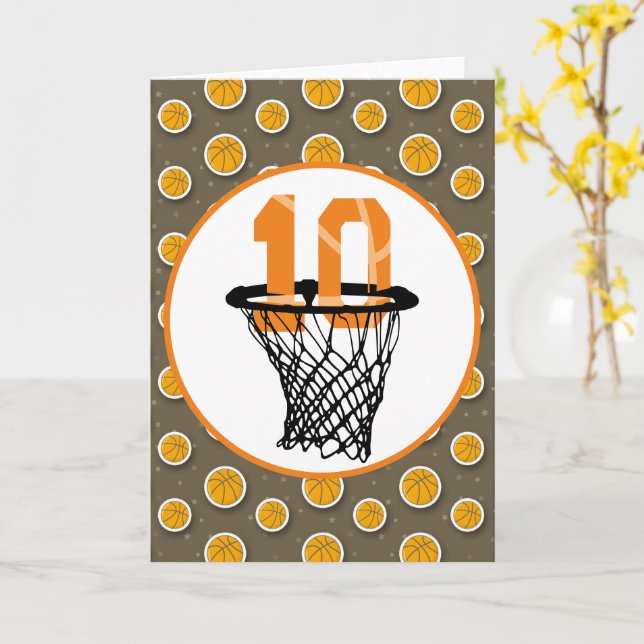 Tarjeta Baloncesto 10 cumpleaños con número en mini aro (flor amarilla)