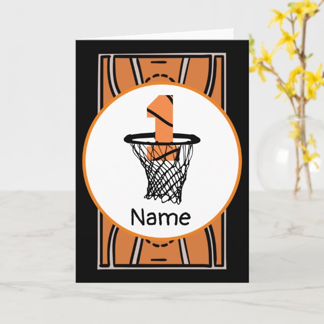 Tarjeta Baloncesto 1er cumpleaños con número en mini aro (flor amarilla)