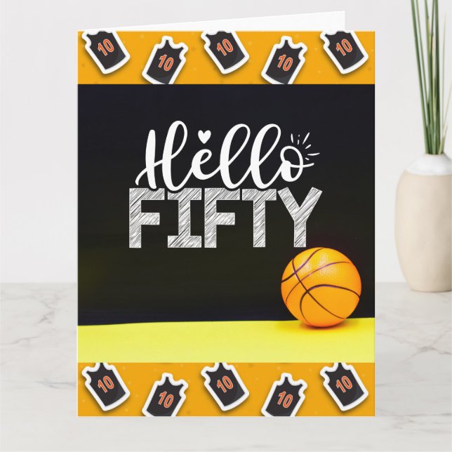 Tarjeta Baloncesto 50º cumpleaños con la palabra Hola cinc (Anverso)