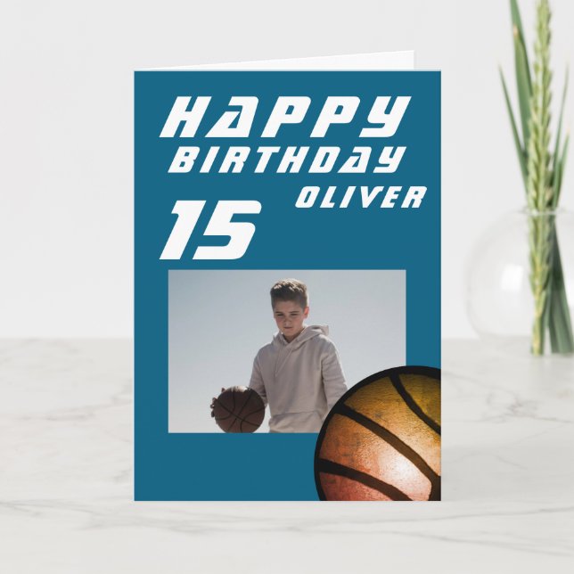 Tarjeta Baloncesto Azul Ball Boy Foto Feliz cumpleaños (Anverso)