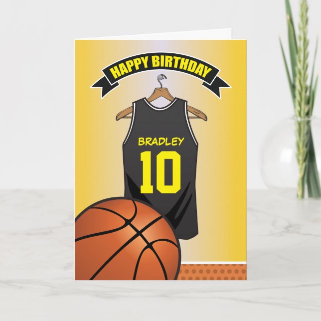 Tarjeta Baloncesto de cumpleaños de Jersey de Black Yellow (Anverso)