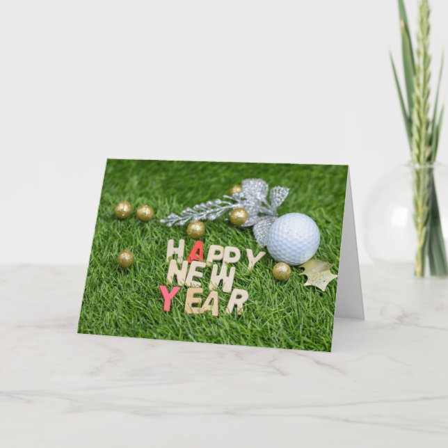Tarjeta Baloncesto de golf Feliz Año Nuevo con hojas de pl (Anverso)