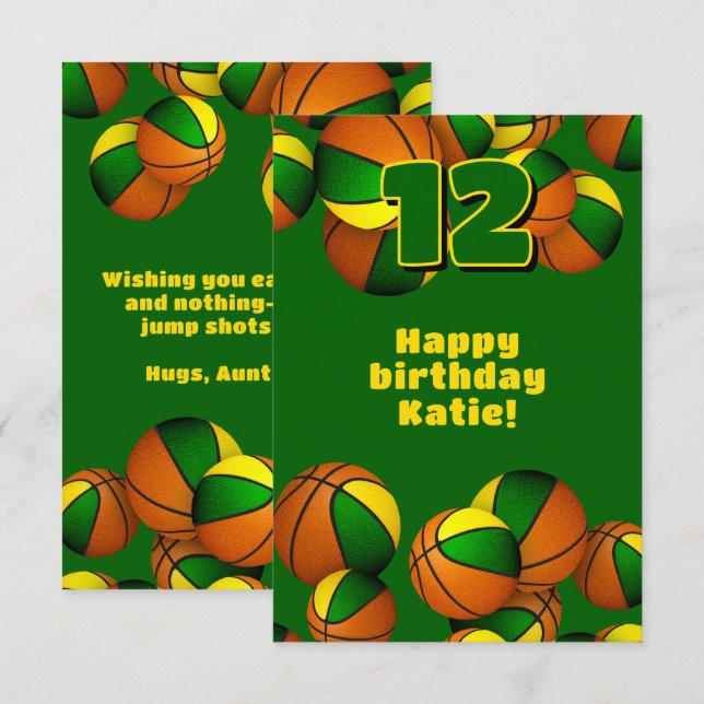 Tarjeta baloncesto feliz cumpleaños verde equipo de oro (Anverso / Reverso)