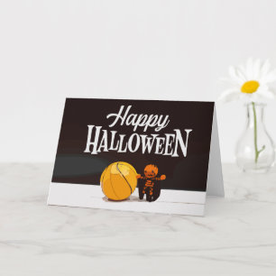 Tarjeta Baloncesto Feliz Halloween con fantasma y pelota d