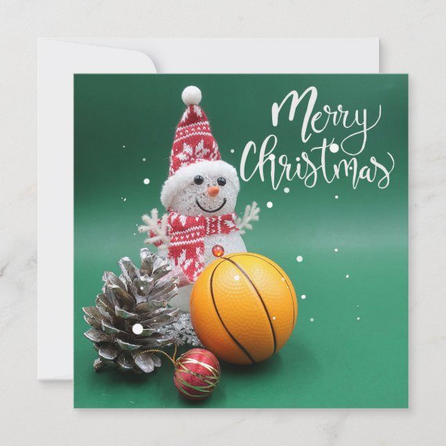 Tarjeta Baloncesto Feliz Navidad con Snowman en Green (Anverso)