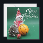 Tarjeta Baloncesto Feliz Navidad con Snowman en Green<br><div class="desc">Baloncesto Feliz Navidad con Snowman en Green</div>