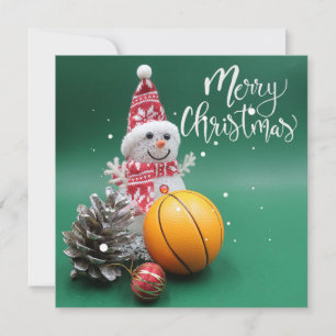 Tarjeta Baloncesto Feliz Navidad con Snowman en Green