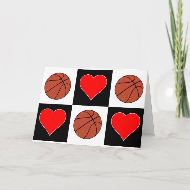Tarjeta Baloncesto y Corazón Cute Checker Patrón Saludo (Anverso)