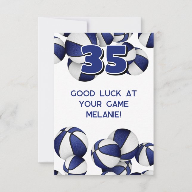Tarjeta balones de baloncesto azules y blancos buena suert (Anverso)