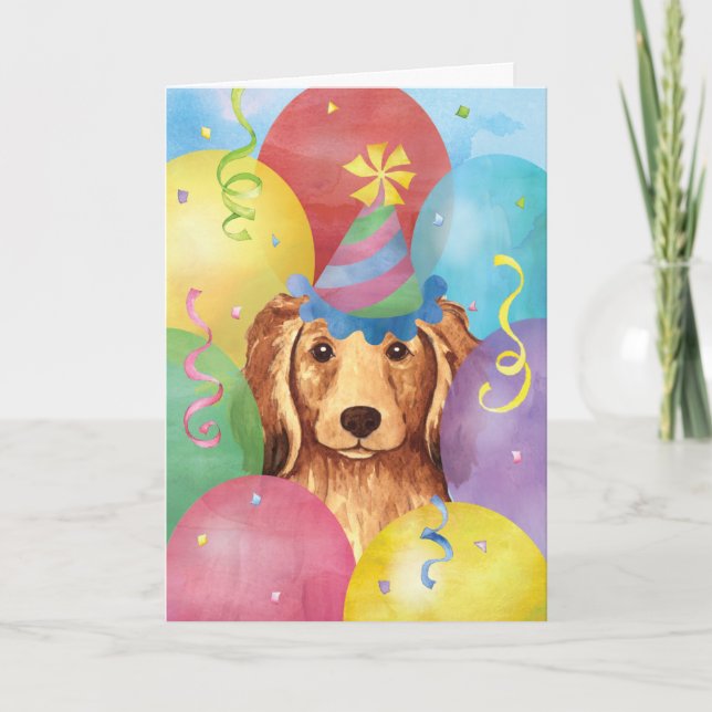 Tarjeta Balones de cumpleaños Dachshund de cabello largo (Anverso)