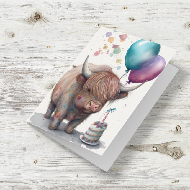 Tarjeta Balones de cumpleaños de Cute Highland Cow (Subido por el creador)