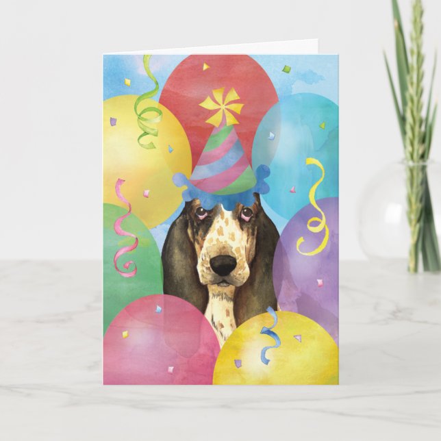 Tarjeta Balones de cumpleaños Hound Basset (Anverso)