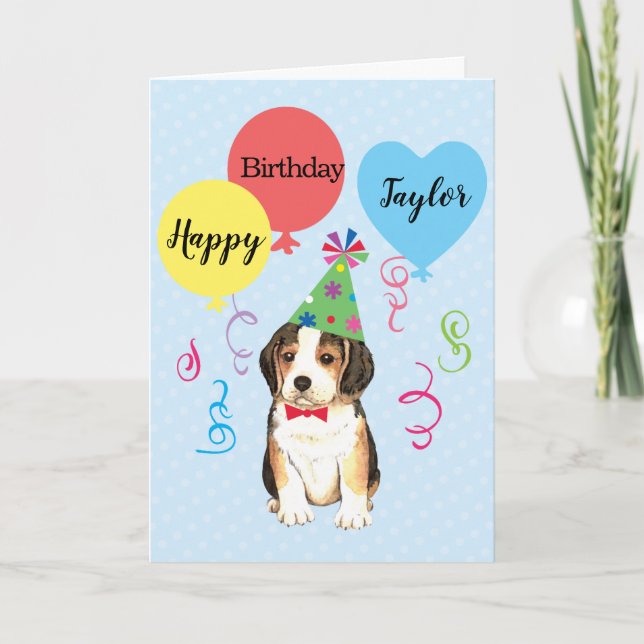 Tarjeta Balones de la fiesta de cumpleaños Beagle (Anverso)
