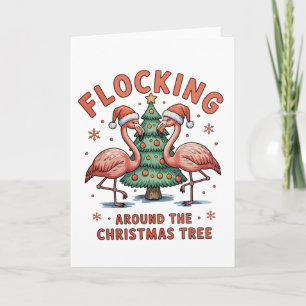 Tarjeta Bandada alrededor del árbol de Navidad flamenco ro