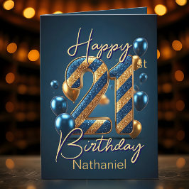 Tarjeta Bandas doradas y azules y globos 21º cumpleaños