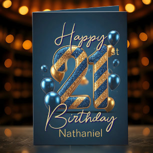 Tarjeta Bandas doradas y azules y globos 21º cumpleaños