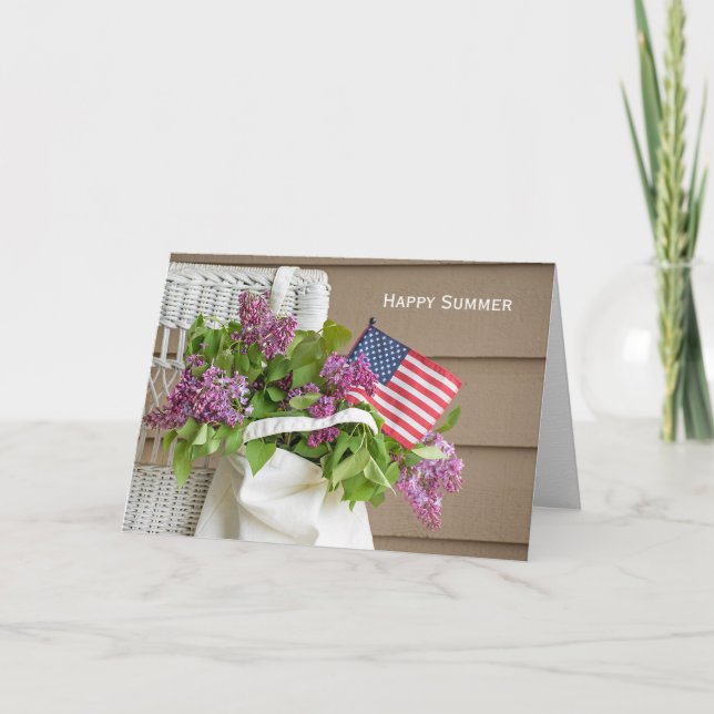 Tarjeta bandera americana en ramo de lilas para verano (Anverso)