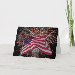 Tarjeta Bandera estadounidense y fuegos artificiales