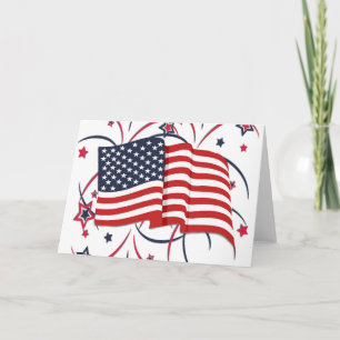 Tarjeta Bandera estadounidense y fuegos artificiales en bl