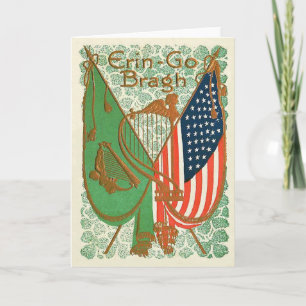 Tarjeta Bandera irlandesa americana Arpa de Erin Shamrock