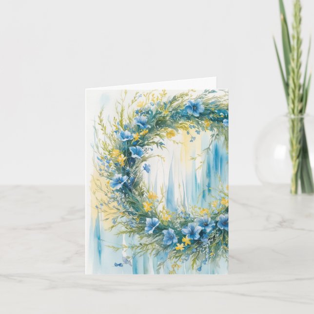 Tarjeta Bandera ucraniana inspira flores azules y amarilla (Anverso)