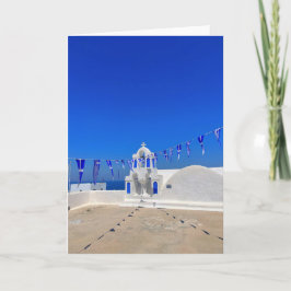 Tarjeta Banderas griegas Iglesia blanca construyendo Greci