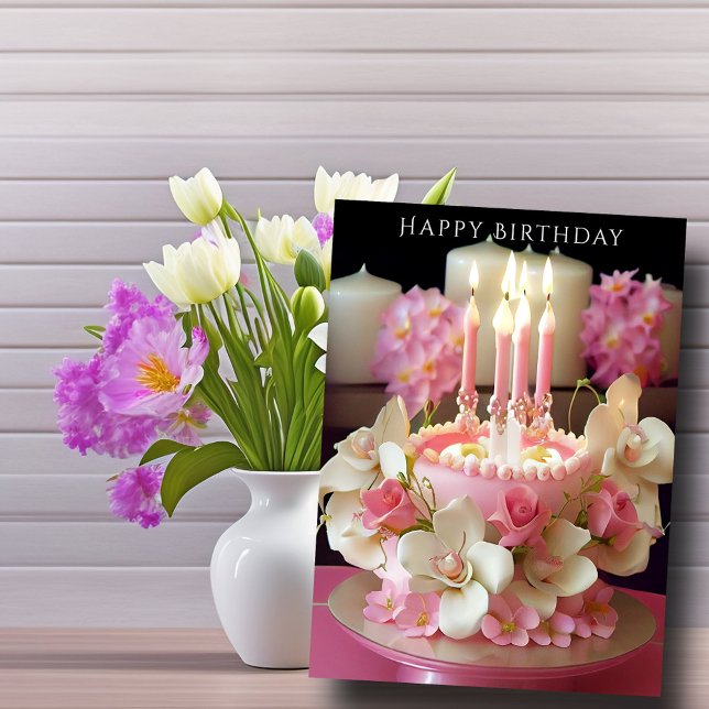 Tarjeta Baño de cumpleaños Velas rosadas bonitas flores (Subido por el creador)