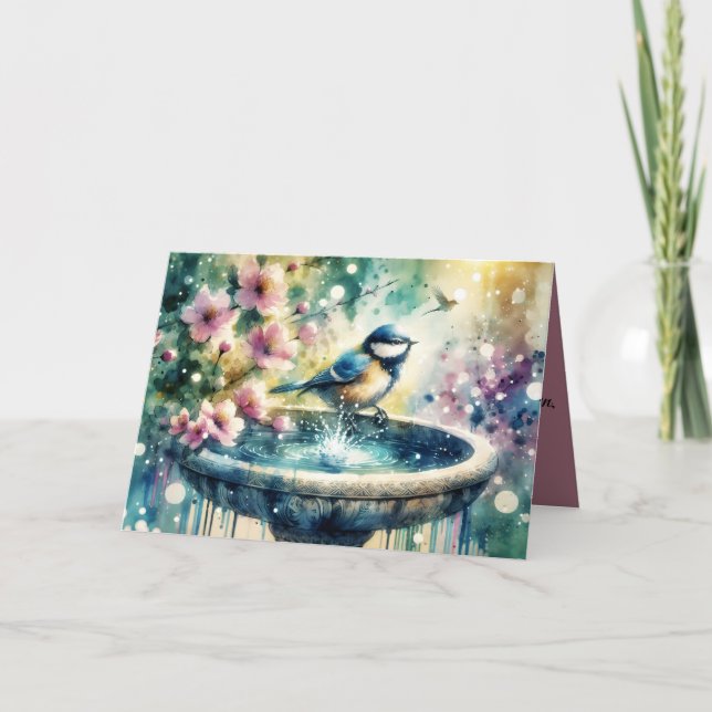 Tarjeta Baño de pájaros de primavera en acuarela  (Anverso)