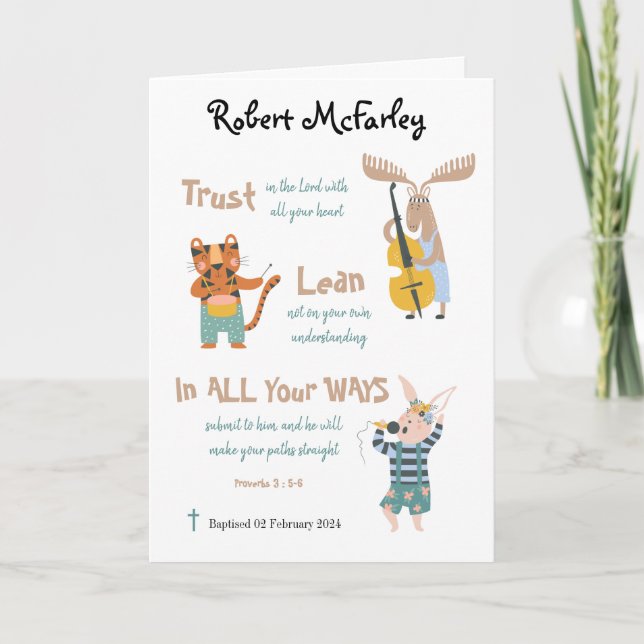 Tarjeta Baptism Boy Cute Animales Musicales Con Verso De B (Anverso)