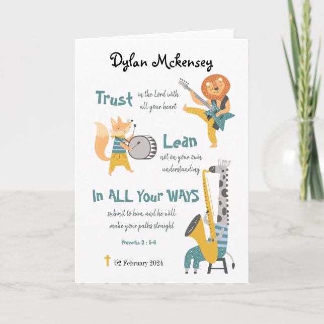 Tarjeta Baptism Boy Divertidos Animales Musicales Y Verso  (Anverso)