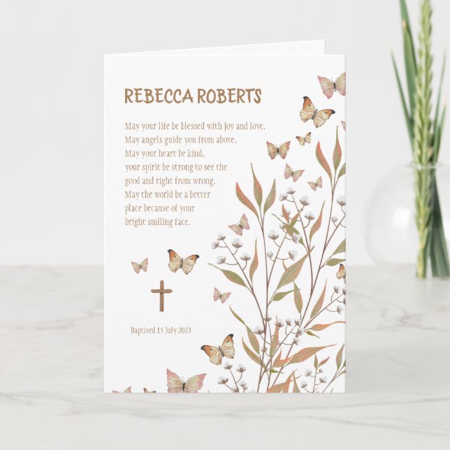 Tarjeta Baptism Chica Watercolor Butterflies (Anverso)