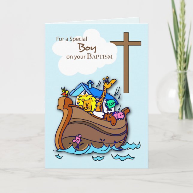 Tarjeta Baptismo en el Arca de Noé, animales aburridos (Anverso)