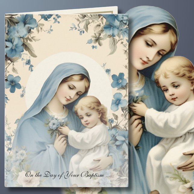 Tarjeta Baptismo Para Bebé Bendecida María Floral Azul (Subido por el creador)