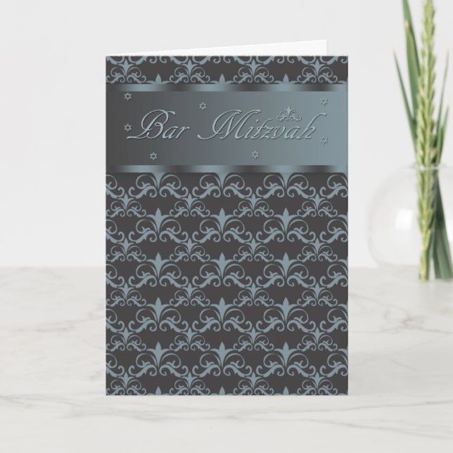Tarjeta Bar Mitzvah En Negro Enrollado Y Azul/Gris (Anverso)