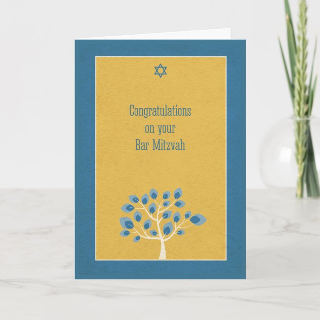 Tarjeta Bar Mitzvah Felicitaciones, Blue Tree, Gold (Anverso)