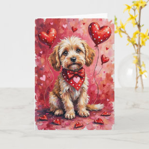Tarjeta Barbet Valentine Perro Sentado con Corazones Rojo