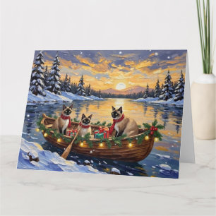 Tarjeta Barco de Navidad con Gatos Siameses en Vacaciones