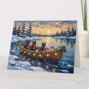 Tarjeta Barco de Navidad de Gato Negro Fiesta
