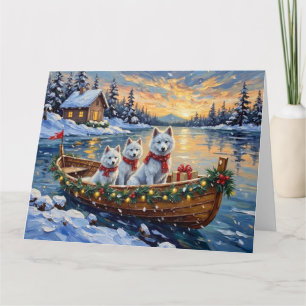 Tarjeta Barco de Navidad de Samoyedo Blanco Fiesta